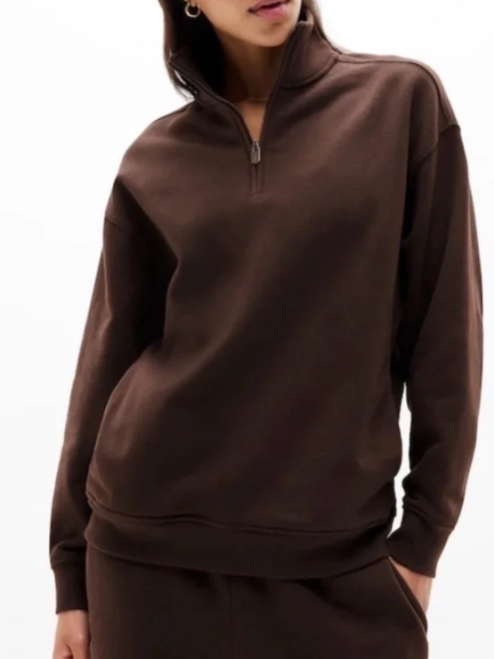 Athleta Forever Fleece 1/4 Zip Sweatshirt, Truffle, Size Small